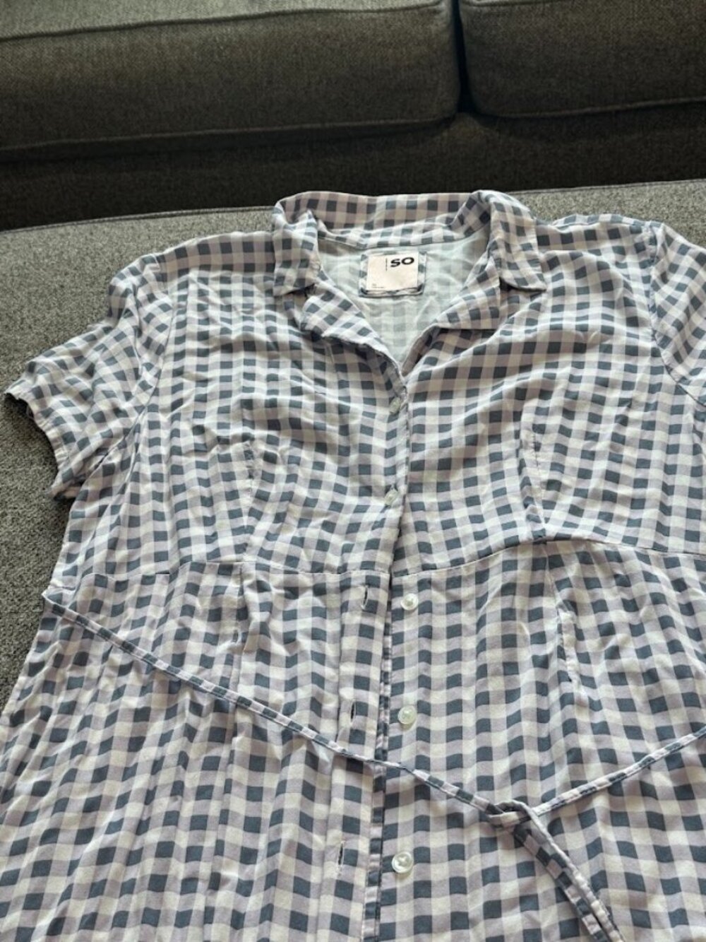 SO Purple & Gray Gingham Check Shirt Dress, Waist Tie, Size XL